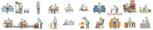 Simple Style Illustration of Grandparent Interacting with Grandchild in Various Scenarios