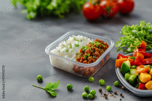 Ground Beef and White Rice in Plastic Container - Meal Prep and Healthy Diet Concept , Boy Kibble
