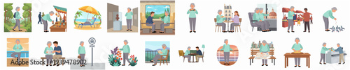 Cartoon Style Diverse Elderly Person Doing Activity Illustration Collection