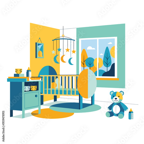 Baby Nursery Room with Crib and Teddy.