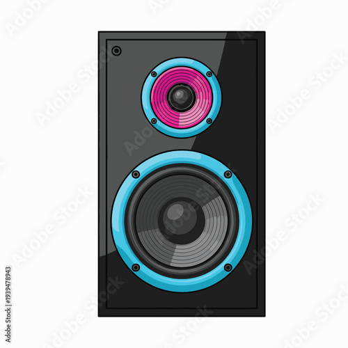Black speaker with blue and pink tweeters.