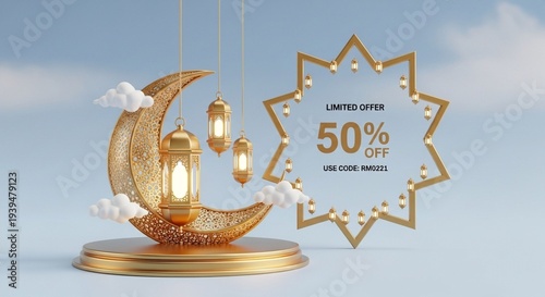 Bulan sabit Ramadan keemasan dengan lampion dan penawaran diskon 50%