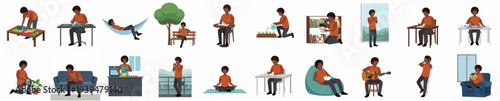 Diverse Flat Style Illustration of Black Man in Various Activities
