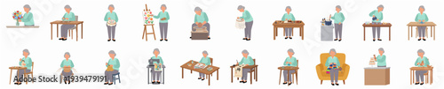 Flat Illustration Elderly Woman Engaged in Hobbies and Activities Character Set