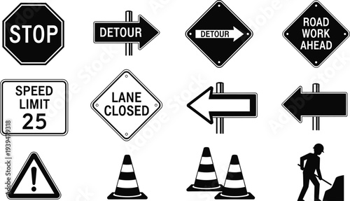 Black silhouette vector collection of street traffic signs featuring stop detour warning speed limit road work cones and construction worker