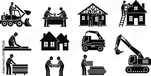Black silhouette vector collection of professional construction workers building houses, operating heavy machinery, carrying materials, and demonstrating industrial teamwork concepts
