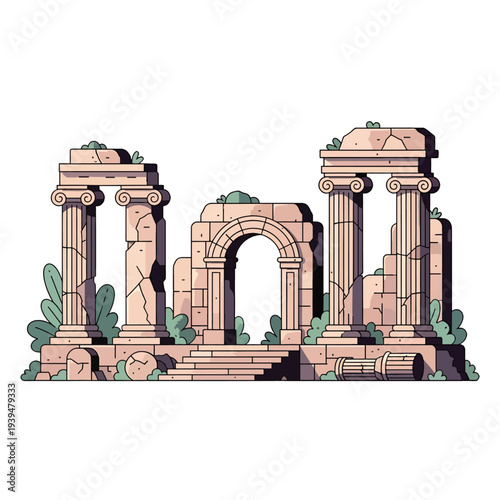 Ancient Ruins with Columns and Archway.