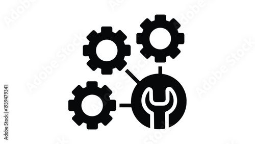 Interconnected gears and wrench symbolizing system maintenance and integration