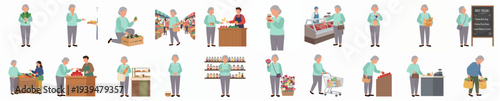 Flat Style Elderly Woman Various Activities At Store and Supermarket Illustration