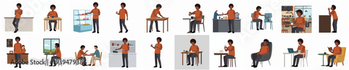 Flat Cartoon Character Set of African Man Doing Daily Activities