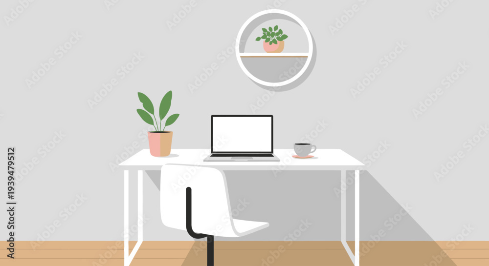 Fototapeta premium Modern workspace desk with laptop plant and coffee minimal office interior vector illustration