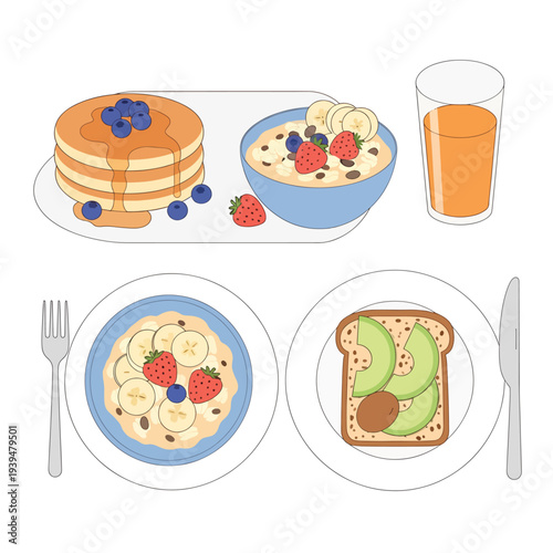 Breakfast Food Plates with Pancakes and Toast.