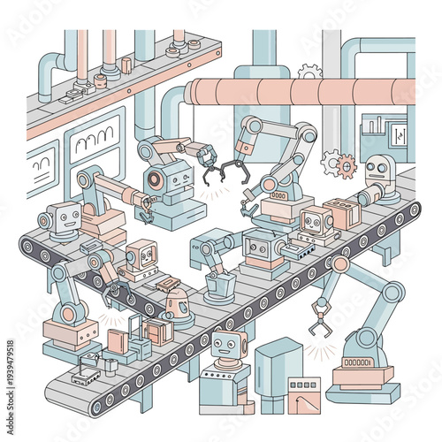 Industrial Robots on Assembly Line Production.