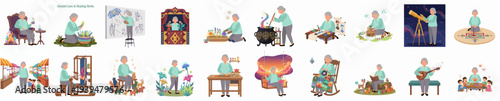 Watercolor Illustration Set of Senior Person Enjoying Diverse Activities Lifestyle