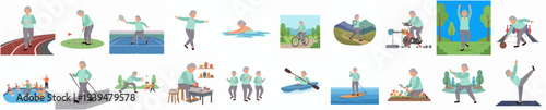 Watercolor Style Detail Various Senior Activity and Sport Illustration Set