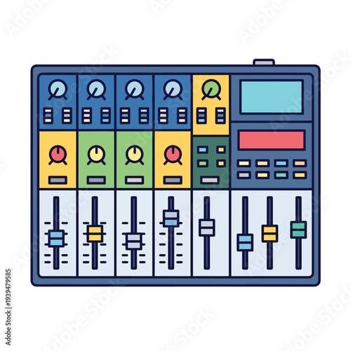 Audio Mixer Control Panel with Faders and Knobs.