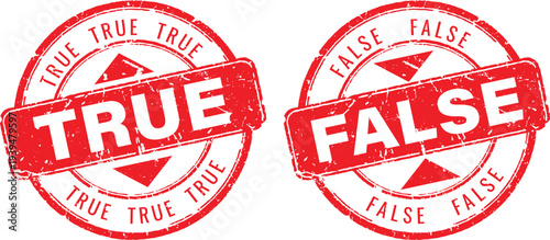 True and false red rubber stamp set featuring grunge texture for verification and validation icons