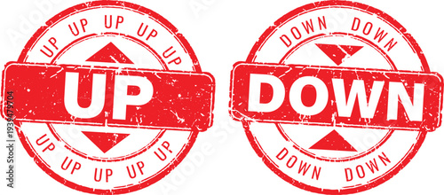 Up and down red rubber stamp set with grunge texture for direction and priority icons vector