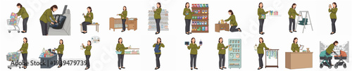 Simple Flat Woman in Different Shopping Scenarios and Actions Illustration