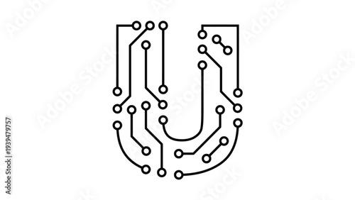 Abstract circuit board design forming a stylized letter u shape.