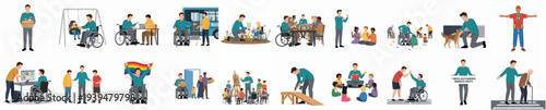 Flat Illustration Diverse People with Disability and Assistance Concept Icon Set