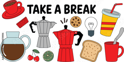Colorful coffee break vector illustration set featuring moka pot espresso cup and snacks in a clean flat line art style