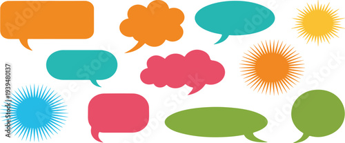 Colorful Speech Bubbles and Comic Starburst Shapes Vector Set for Chat Communication Pop Art Marketing and Social Media Design