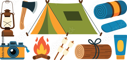Colorful outdoor camping vector illustration set featuring green tent campfire lantern camera and marshmallows for adventure travel designs