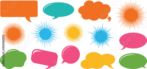 Colorful Speech Bubbles and Comic Starburst Shapes Vector Set for Chat Communication Pop Art Marketing and Social Media Design