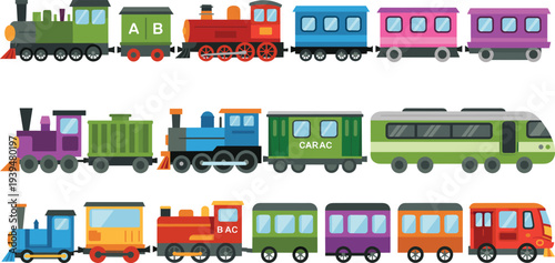 Colorful toy train vector set featuring steam engines and passenger wagons in a clean flat illustration style for children
