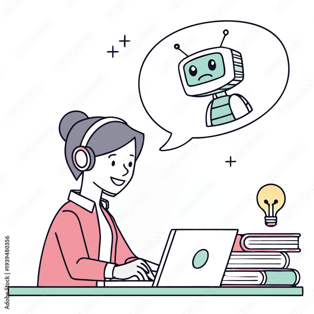 Fototapeta premium Student Studying with Laptop and AI Chatbot Assistant Digital Learning Flat Vector Illustration