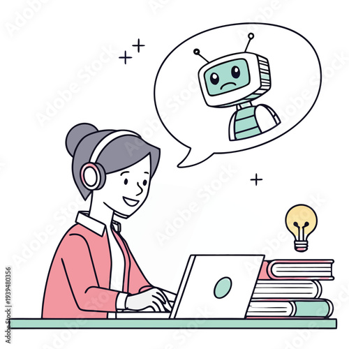  Student Studying with Laptop and AI Chatbot Assistant  Digital Learning Flat Vector Illustration