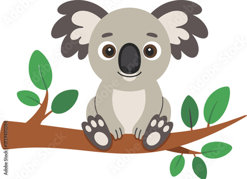 Cute cartoon koala bear sitting on a tree branch with green leaves illustration in flat design style for children