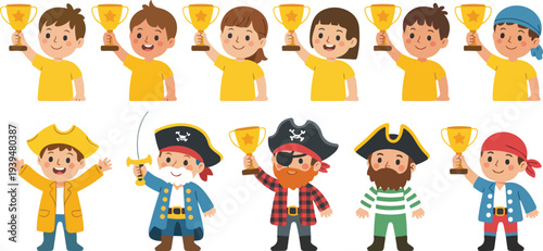 Cute cartoon pirate kids celebrating with trophies and medals, joyful children winning awards in playful and festive vector illustration