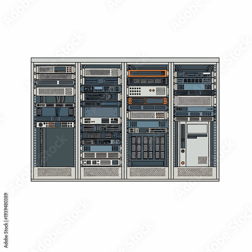 Server Rack with Various Computer Components.