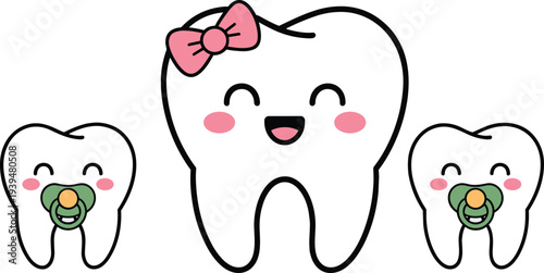Cute kawaii tooth character set with baby teeth wearing pacifiers and pink bow for pediatric dentistry dental health awareness and children clinic decoration