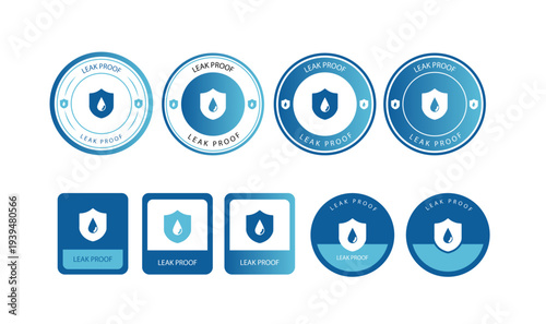 Leak Proof Water Drop Badge Icons Set – Waterproof Protection Seal Labels with Blue Shield and Droplet Symbols for Liquid Protection, Moisture Resistance and Product Packaging Vector