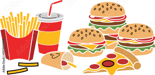 Delicious fast food collection featuring tasty burgers french fries pepperoni pizza slice and soda drink for restaurant menu design