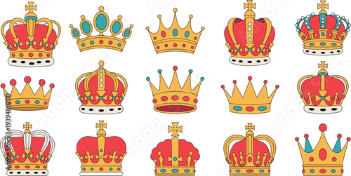 Elegant royal crown vector set featuring golden tiaras and majestic king headwear in a clean flat line art style