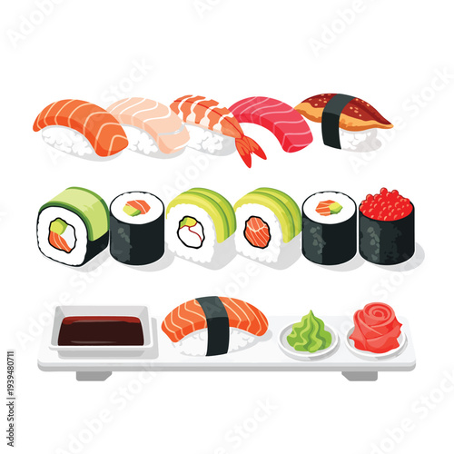 Assorted Sushi Rolls and Sashimi on Tray.