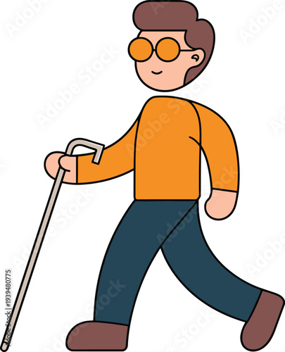Flat vector illustration of a blind man with dark glasses walking and using a white cane for navigation