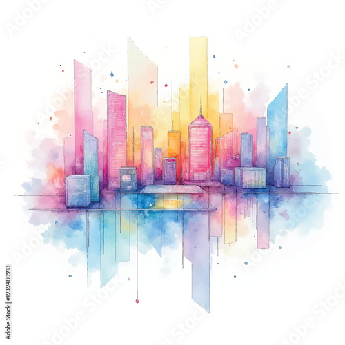 Vibrant cityscape with colorful skyscrapers reflected.