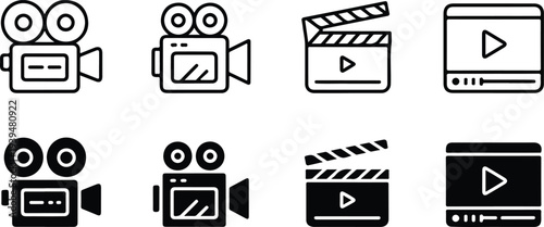 Video Production and Movie Camera Icons Set with Clapperboard, Media Player Outline, and Glyph Vector Illustration Collection