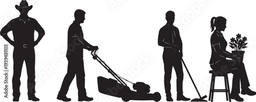 People working in a garden, with tools and plants, from a side view.