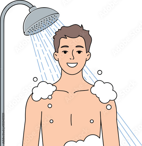 Flat vector illustration of a happy man taking a shower with soap bubbles and water flowing from a shower head
