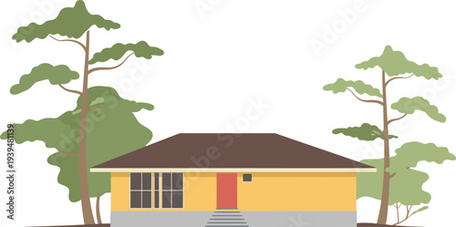 Flat vector illustration of a simple yellow suburban house with a red door surrounded by green trees and nature