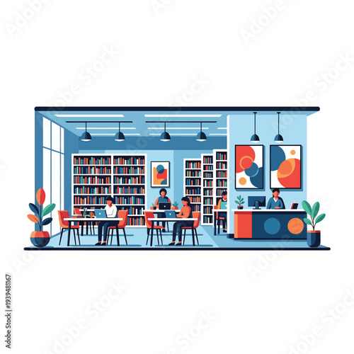 Modern Library Interior with Bookshelves and People.