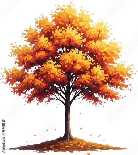 Autumn tree with vibrant orange leaves standing alone in football field landscape