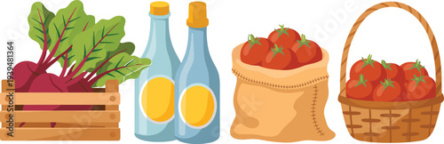 Fresh organic vegetable harvest vector set featuring beetroot in wooden crate tomatoes in basket and glass bottles for market branding