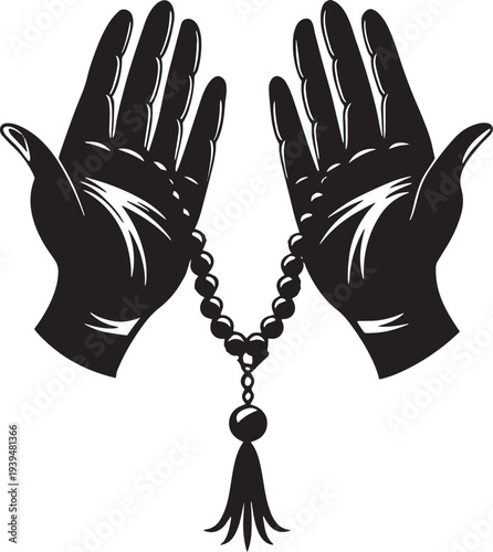 Prayer Hands with Rosary Vector – Black and White Religious Symbol .